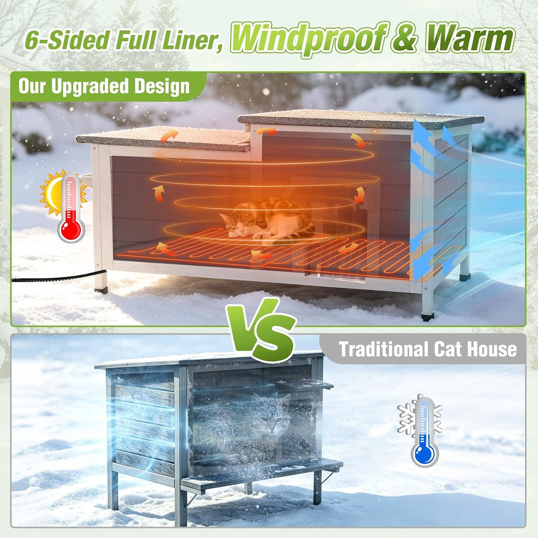 Outdoor Cat House Large Heated Insulated Cat House Indestructible Weatherproof Cat Shelter with Openable Hinged Roof, Escape Door for 1-4 Feral Cats
