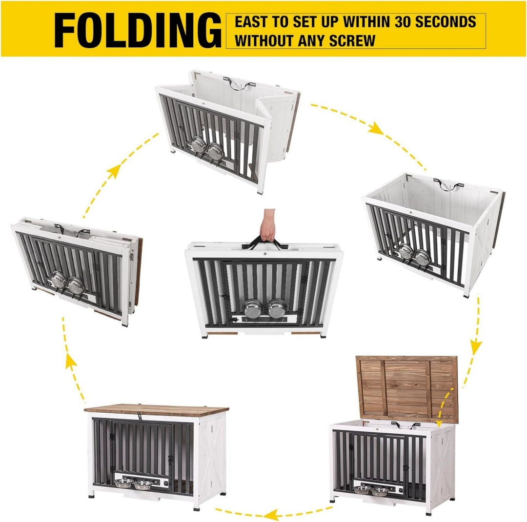 MEDEHOO Folding Dog Crate Furniture Portable Metal Dog Kennel with Dog Bowls &amp; Tray, Dog Crate for Small &amp; Medium Dogs with Opening Roof