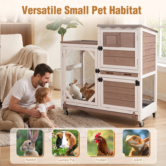 MEDEHOO 2-Story Rabbit Hutch on Wheels Indoor Rabbit Cage with Run Outdoor Weatherproof Bunny Hutch with Chewproof Ramp and Pull-out Tray Brown SAIR7013-WFS