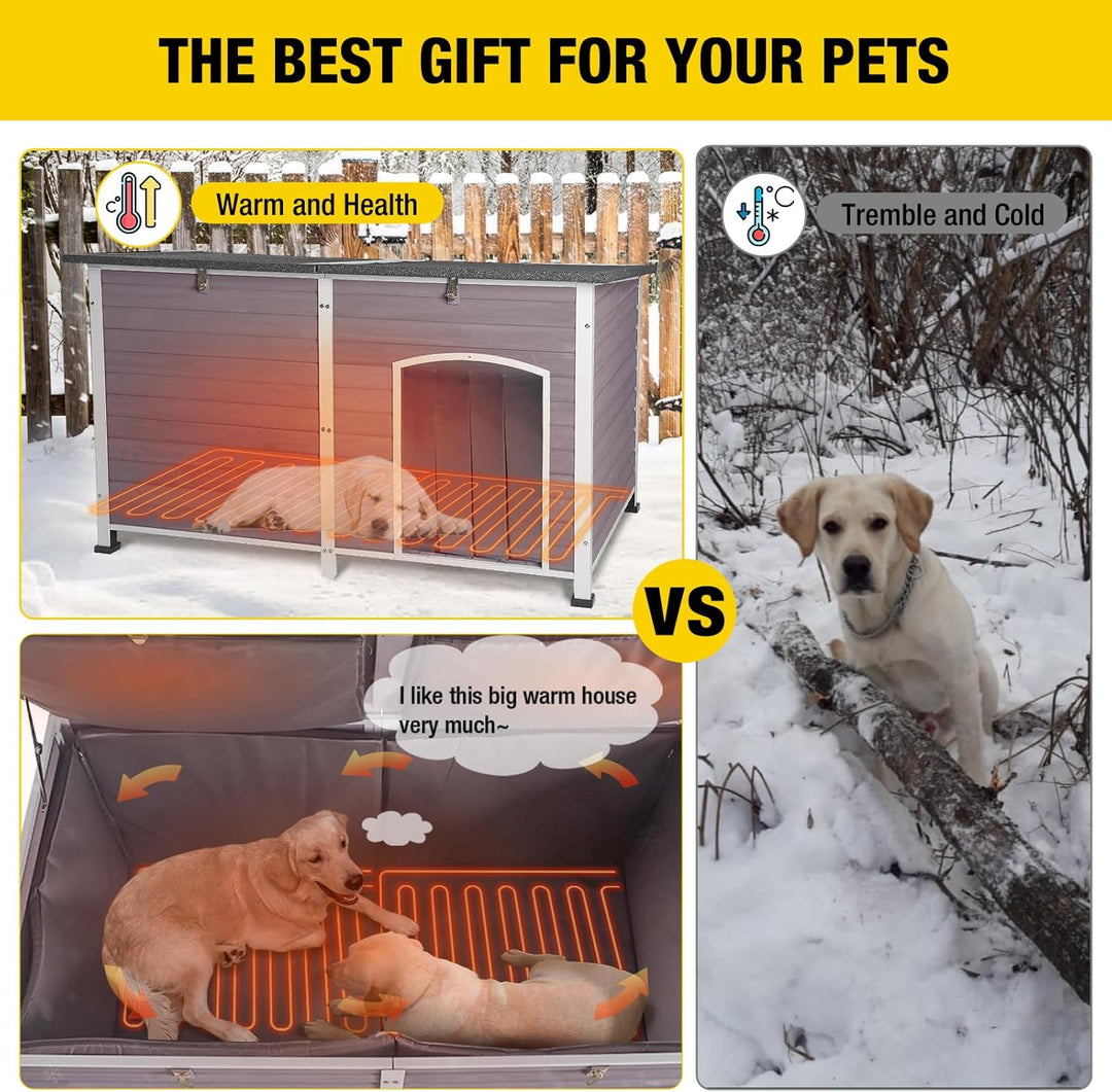 MEDEHOO Extra Large Heated Insulated Dog House Wooden Outdoor Dog Kennel for Winter 59"