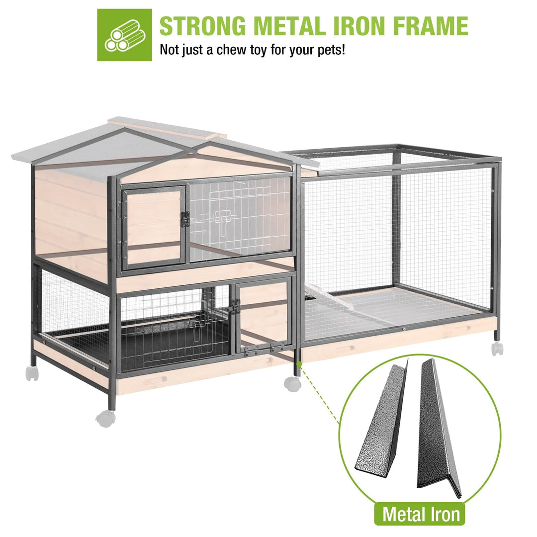 MEDEHOO Rabbit Hutch with Chew-Resistant Metal Frame Indoor Bunny Cage Outdoor Rabbit Cage with Wheels and Leakproof Tray AIR19-X-N
