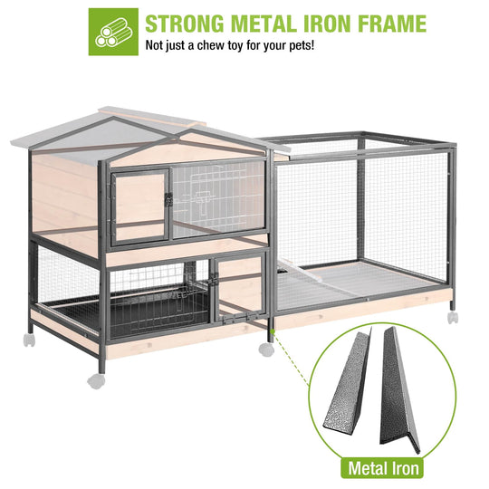 MEDEHOO Rabbit Hutch with Chew-Resistant Metal Frame Indoor Bunny Cage Outdoor Rabbit Cage with Wheels and Leakproof Tray AIR19-X-N