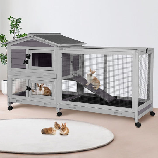 BUTINGLALE 62" Rabbit Hutch with Chew-Proof Ramp &amp; Waterproof Roof - Indoor/Outdoor Bunny Cage, 2-Story Design, 6 Lockable Caster Wheels &amp; Dual Pull-Out Trays (Grey) RH-AIR19-MA