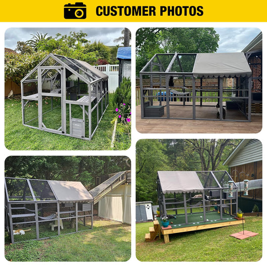 MEDEHOO 110'' Extra Large Catio Outdoor Cat Enclosure, Walk-in Wooden Cat Cage with Bridges, Platforms, Rest Rooms, Roof Cover AIR52-WM
