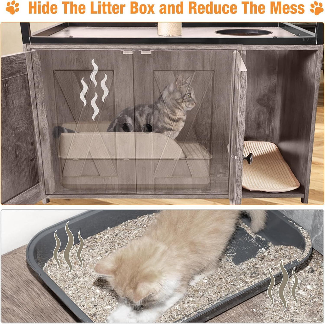 MEDEHOO Cat Litter Box Enclosure, Hidden Litter Box Furniture with Metal Frame, Wooden Kitty House with Barn Door, Wooden Cat Washroom Furniture, Fit Most of Litter Box (Grey) AIR102-I-A111-WM
