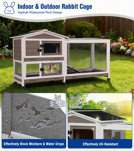 MEDEHOO Large Rabbit Hutch Indoor, Bunny Cage Outdoor with Chew-Proof Ramp, 2-Story Guinea Pig Cages with 6 Wheels, 3 Pull-Out Trays, Waterproof Asphalt Roof, 62" L - Coffee