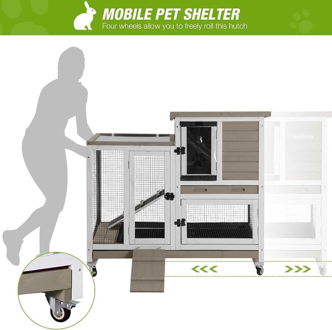 MEDEHOO Large Rabbit Hutch with Removable Wire Netting, 2 Deep Trays, 4 Wheels, Sliding Door, and Extra Access Door - Mocca Color AIR36-BS-WM