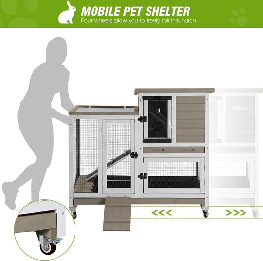 MEDEHOO Large Rabbit Hutch with Removable Wire Netting, 2 Deep Trays, 4 Wheels, Sliding Door, and Extra Access Door - Mocca Color AIR36-BS-WM