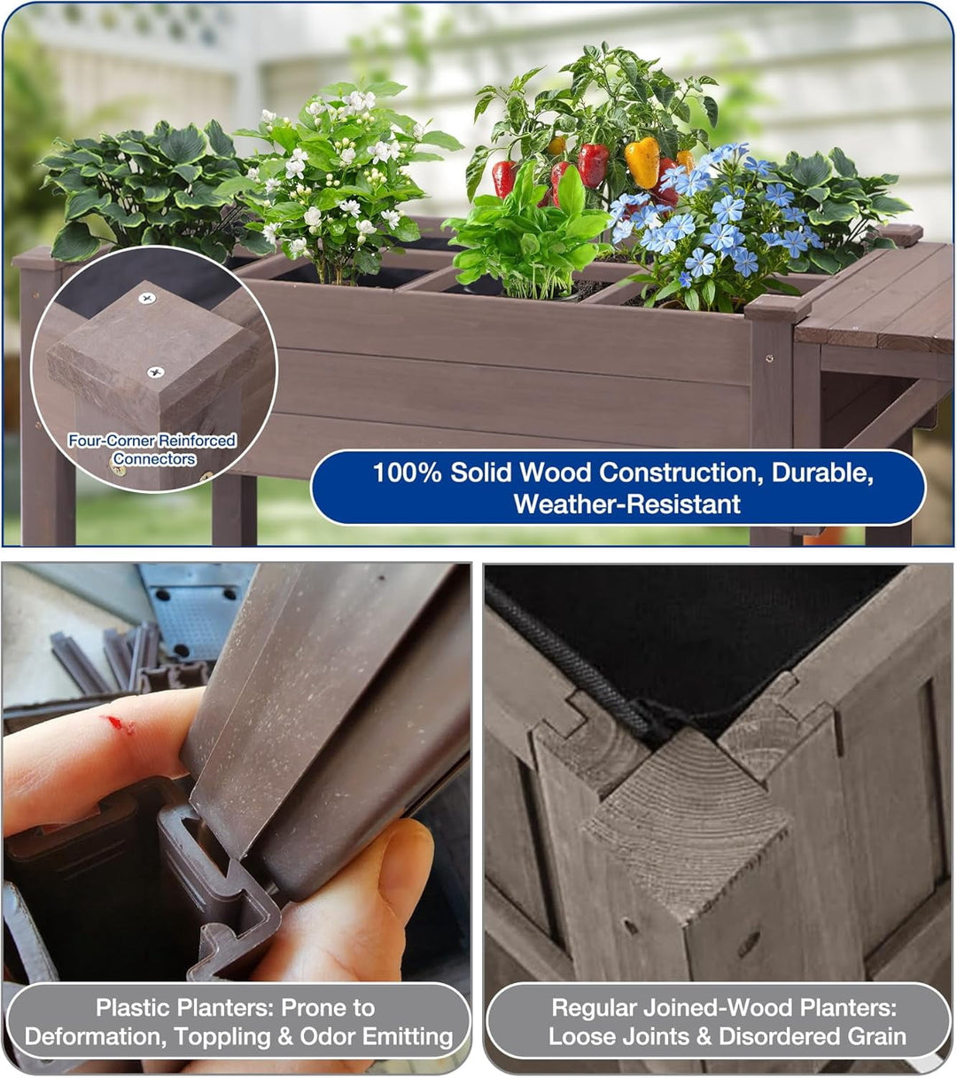 MEDEHOO Raised Garden Bed Outdoor with Wheels, 52.7" Elevated Wooden Garden Bed with 8 Planter Boxes, Removable Dividers, Storage Shelf, Standing Mobile Planter with Non-Woven Liner GUT2-WM