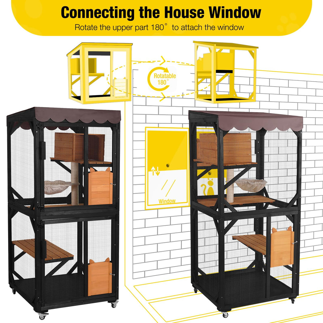 MEDEHOO Catio Outdoor Cat Enclosure with Wheels, Resting Box, Cat Scratching Post, Jumping Platform, Outdoor Cat House for Cats, Brown AIR7014-WM