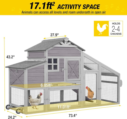 MEDEHOO Wooden Chicken Coop for 4 Chickens Mobile Chicken House on Wheels Expandable Poultry Cage with Large Nesting Box and Pull-Out Tray Grey