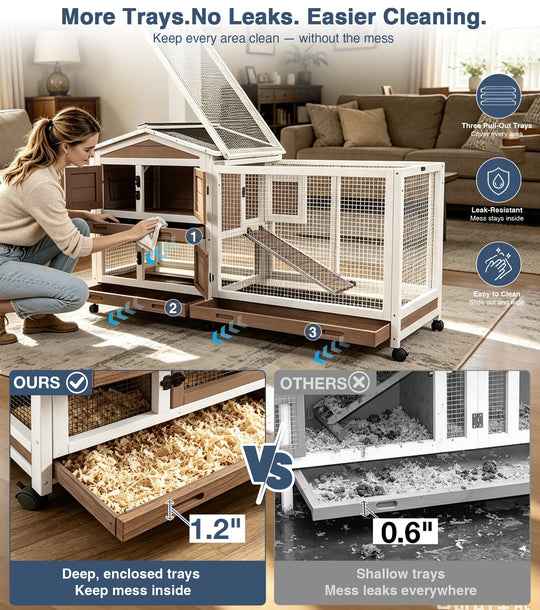 MEDEHOO 62"L Rabbit Cage Indoor Rabbit Hutch on Wheels with Chew-Proof Ramp and Pull Out Tray Bunny Hutch Guinea Pig Cage with Run Brown