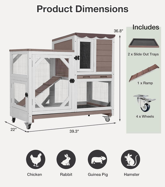 MEDEHOO Rabbit Hutch 2-Story Wooden Bunny Cage with 2 Leak-Proof Sliding Trays, Chew-Proof Metal Mesh, Rainproof Cover, Indoor &amp; Outdoor Guinea Pig House with Wheels - Brown AIR7013-B-AD-WM-WM