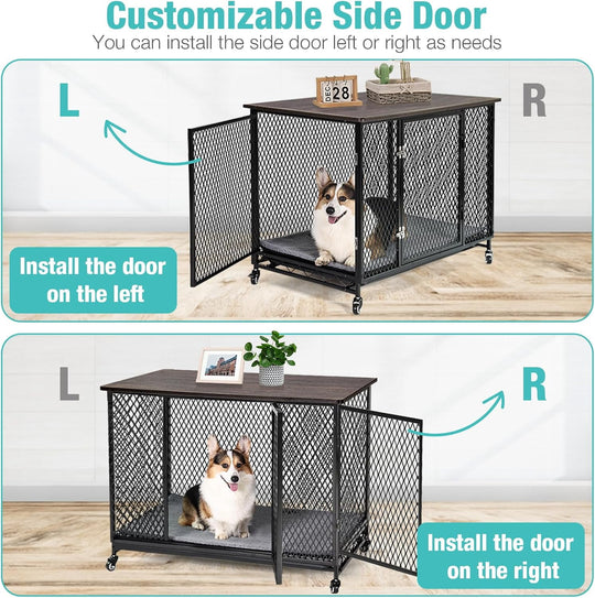 MEDEHOO Indoor Dog Crate Furniture, Movable Dog Kennel Side End Table with Wheels for Small Medium Large Dogs with Cushion, Tray, Wire, Rustic Brown(L) AIR79-A12-WM