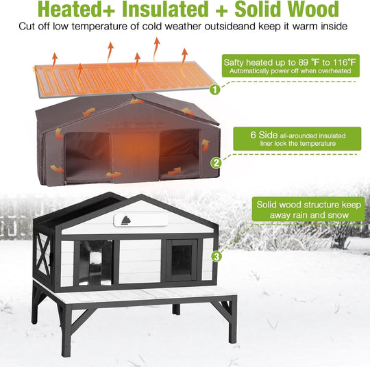 MEDEHOO Heated Outdoor Cat House for Outside Weatherproof Insulated Feral Cat Shelter for Winter with Heater and Thermal Liner, Four Escape Doors and Anti-Chewing Cable for Multiple Cats, 43.5" L