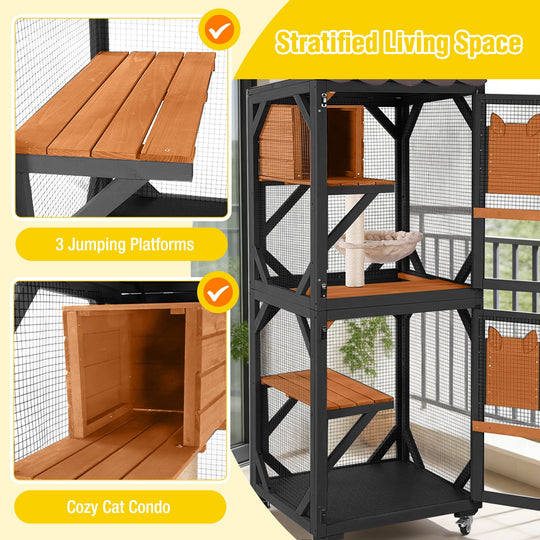 62.8" Catio Outdoor Cat Enclosure, Mobile Catio Enclosure Indoor On Wheels with Scratch Post, Hammock, Resting Box, Platform, Tarp Roof, Black
