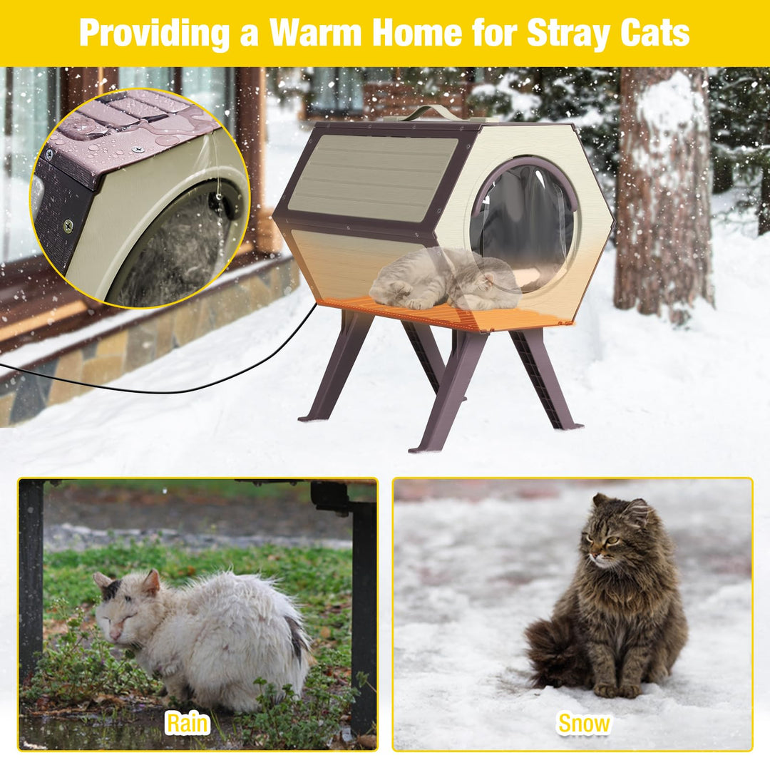 MEDEHOO Outdoor Heated Cat House with Heated Pad, Insulated Feral Cat Shelter House &amp; Condo with Escape Door for Winter Weatherproof, Brown &amp; White, 2 Set