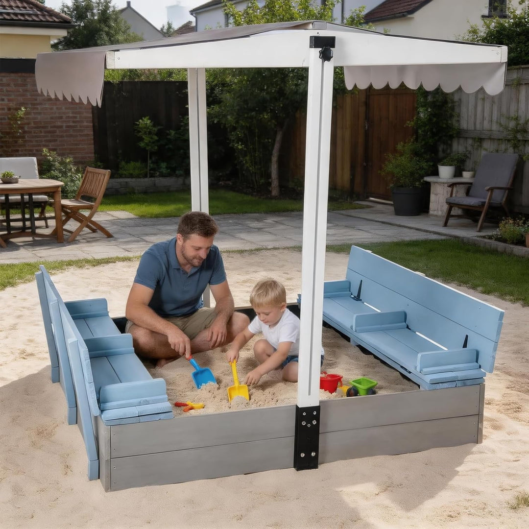 MEDEHOO 47.2"Sandbox with Lid and Cover for Kids Outdoor with 2 Foldable Bench Seats, Adjustable Canopy and Sand Protection Liner, (Blue)