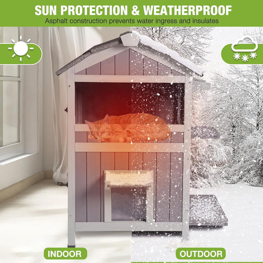 MEDEHOO 2-Story Outdoor Cat House Large Weatherproof Feral Cat Shelter Wooden Elevated Kitty Condo with Openable Roof, Large Doors, Acrylic Window