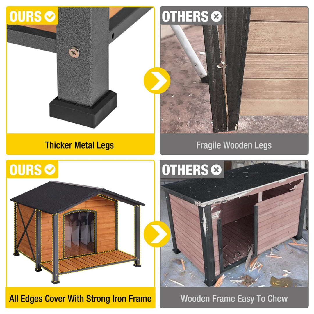 MEDEHOO Anti-Chewing Outdoor Dog House with Iron Frame, 41.4"D Weatherproof Wooden Dog Kennels with Large Porch for Outdoor &amp; Indoor, Brown