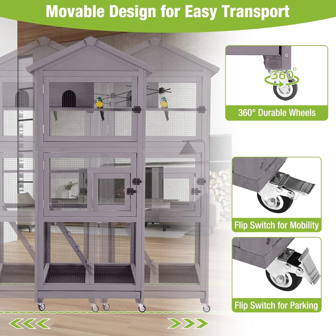 MEDEHOO Large Bird Cage Outdoor Wooden Aviary Indoor on Wheels, with Play Stand, Perches, Nest Habitat &amp; Wire Mesh Tray for Easy Cleaning AIR42-G-MB-WM