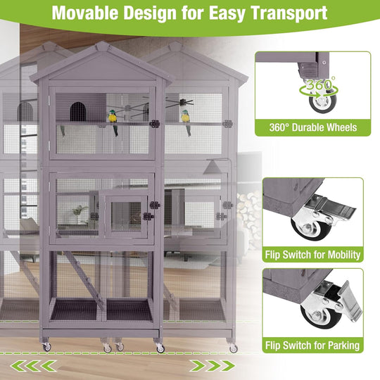 MEDEHOO Large Bird Cage Outdoor Wooden Aviary Indoor on Wheels, with Play Stand, Perches, Nest Habitat &amp; Wire Mesh Tray for Easy Cleaning AIR42-G-MB-WM