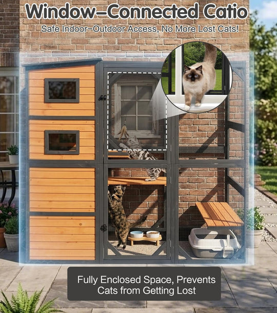 MEDEHOO 77" Large Catio Outdoor Cat Enclosure, 4 Tiers Cat House for Outdoor Indoor with Weatherproof Roof, 3 Resting Rooms, 3 Platforms, 5 Windows
