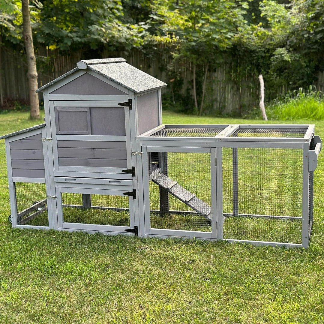 MEDEHOO 82.4" Chicken Coop with Wheels, Large Hen House with Run, Chicken Cage for 4-6 Chickens, Weatherproof Asphalt Roof, Nesting Box &amp; Pull-Out Tray