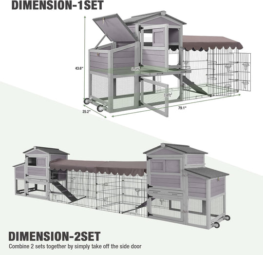 MEDEHOO 79‘’ Chicken Coop with Wheels, Wooden Hen House with Large Nesting Box, Outdoor Poultry Cage with Leakproof Pull-on Tray, Backyard Chicken Coop with Run, Weatherproof Rabbit Hutch CK7008-4DML-WM