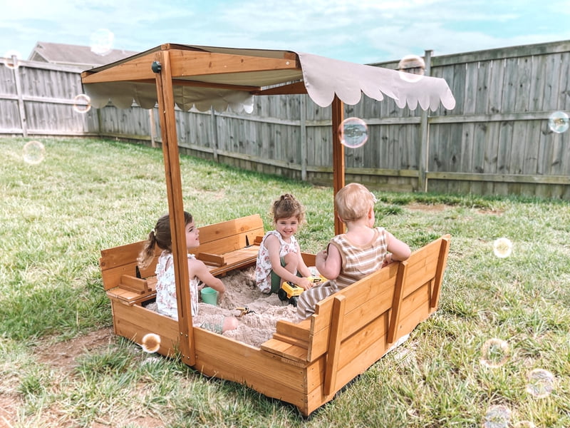 Kids Sand Boxes with Canopy Sandboxes with Covers Foldable Bench Seats,Children Outdoor Playset BSRG055