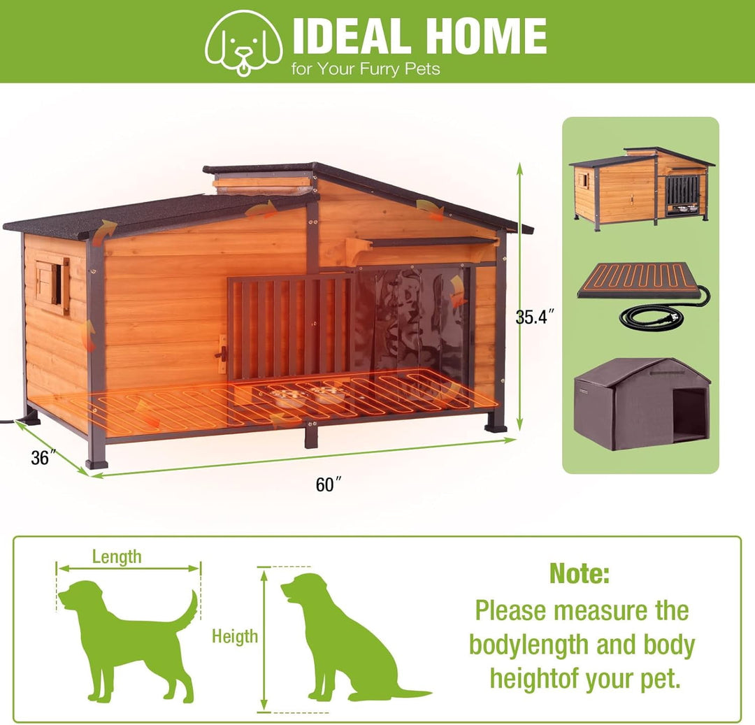 MEDEHOO Extra Large Heated Dog House Insulated Dog Kennel Weatherproof Dog Shelter with Safe Heating Pad, Chew-Proof Metal Frame, Rotatable Spill-Proof Bowl for Large Dog Breeds, 60"L x 36"W x35.4"