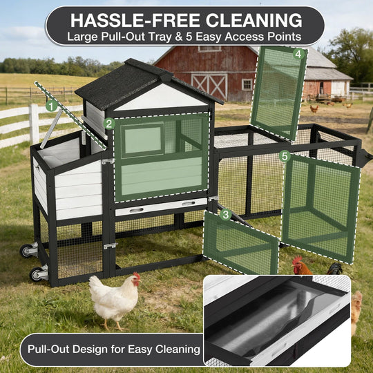 MEDEHOO Mobile Chicken Coop with Wheels for 4-6 Chickens, Backyard Expandable Chicken House Duck Cage with Run, 2 Nesting Boxes, Easy Clean Pull-Out Tray, Leak-Resistant Asphalt Roof, 82.4"