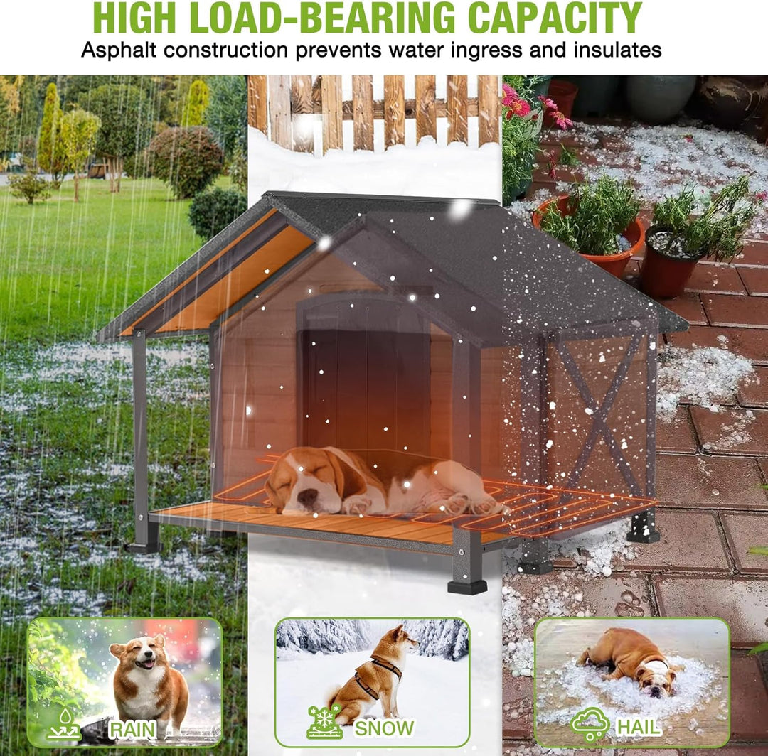 Heated Outdoor Dog House Insulated Weatherproof Wooden Dog Kennel for Winter, Anti-Bite Dog Shelter with Heating Pad and Insulated Liner, Porch, Openable Roof and Removable Floor, Easy Cleaning