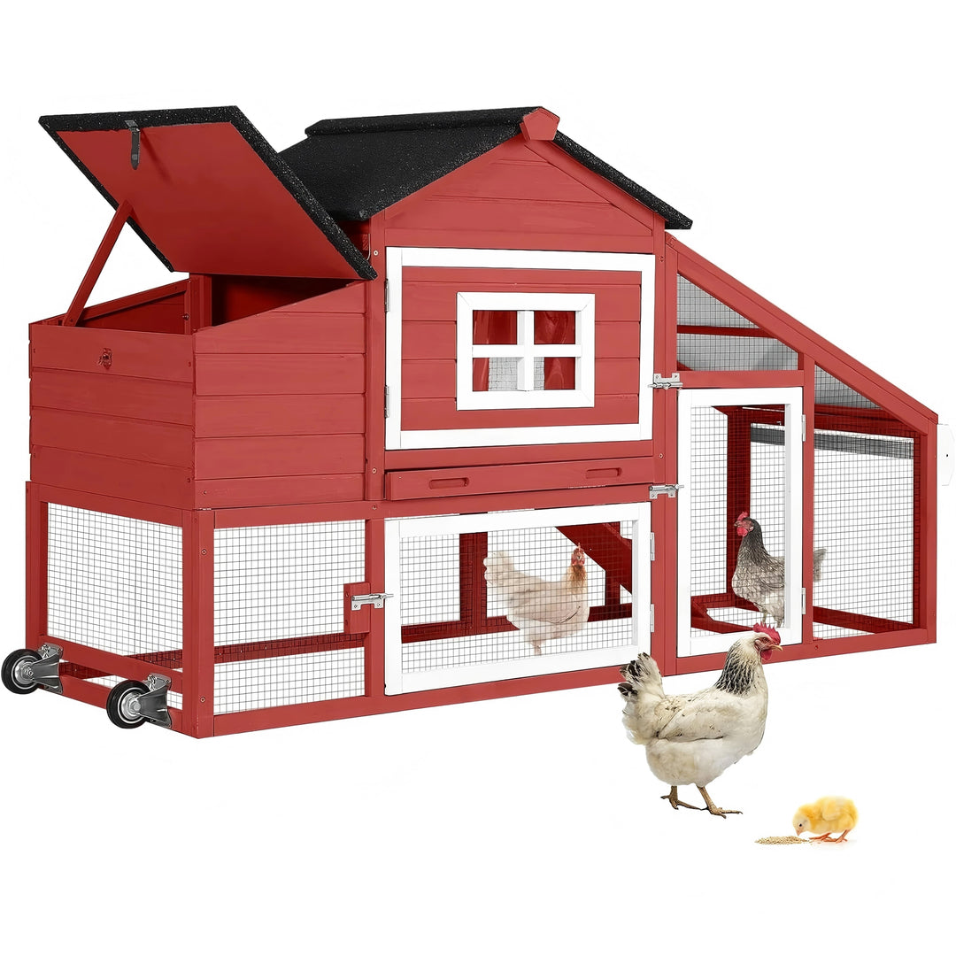 MEDEHOO Large Chicken Coop with Wheels, Mobile Chicken House for Outdoor, Poultry Cage with Nesting Box, Leakproof Pull-Out Tray &amp; UV-Resistant Roof
