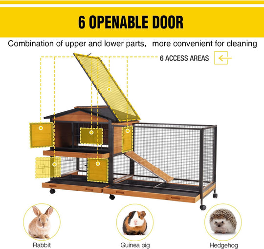 MEDEHOO 2-Story Rabbit Hutch with Chew-Proof Full Metal Frame for Indoor/Outdoor - 62" Bunny Cage with 6 Locking Casters &amp; 2 Pull-Out Trays for Rabbits, Guinea Pigs, Small Pets (Brown)
