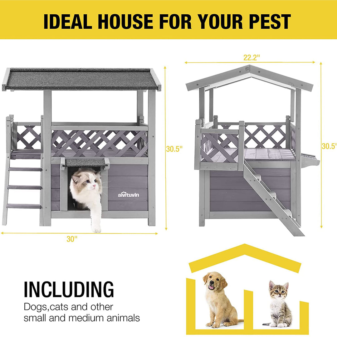 MEDEHOO Wood Cat House with Balcony, Outdoor Indoor Kitty Shelter with Stairs