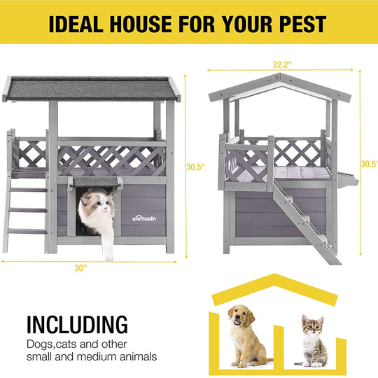 MEDEHOO Wood Cat House with Balcony, Outdoor Indoor Kitty Shelter with Stairs