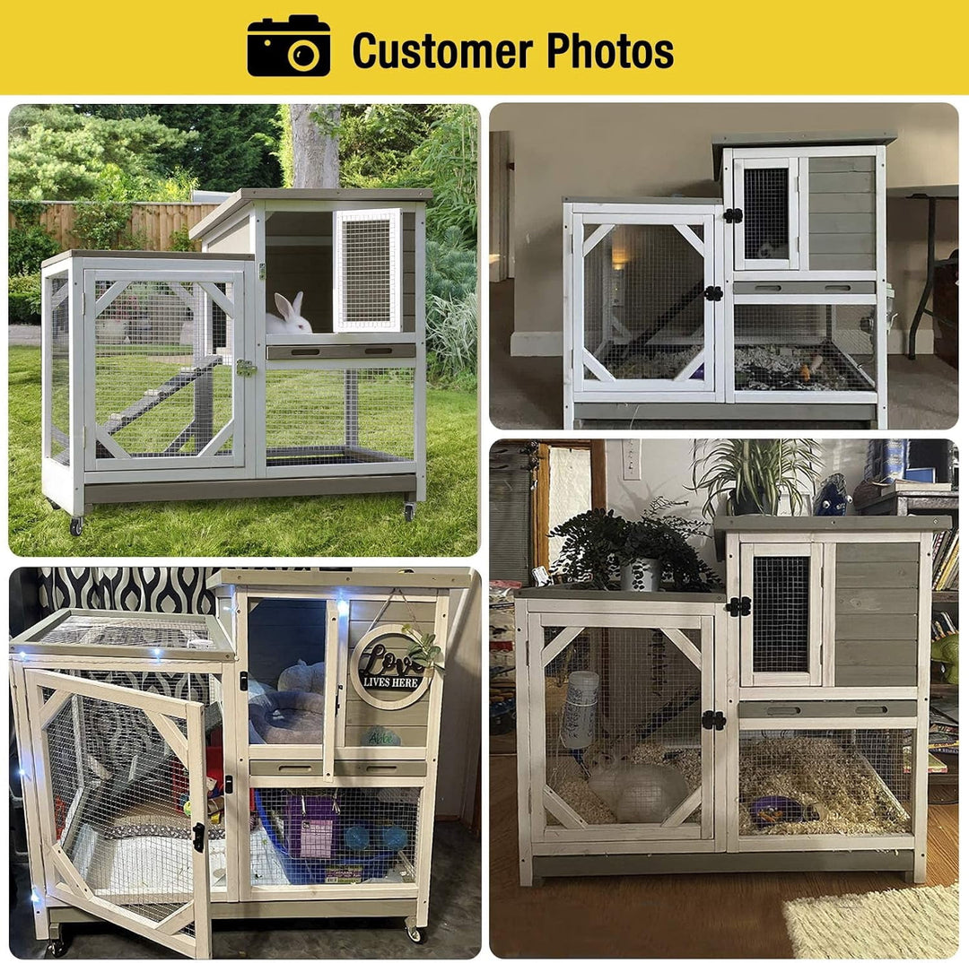 MEDEHOO Upgrade Rabbit Hutch Rabbit Cage Indoor Bunny Hutch with Run Outdoor Rabbit House with Two Deeper No Leak Trays - 4 Casters Include (Mocca Color Without Bottom Wire Netting) XZ7003-KK-WM