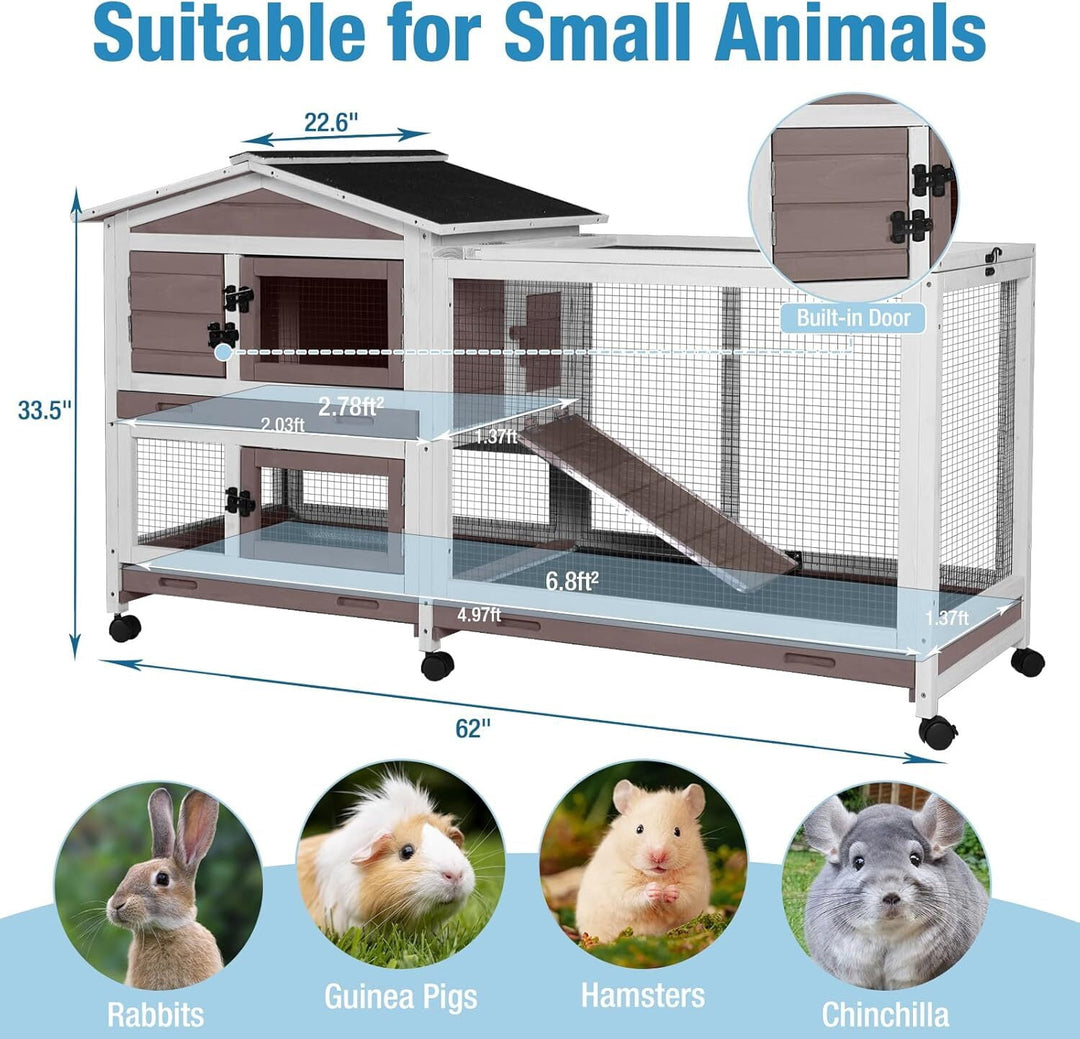 MEDEHOO Rabbit Hutch Indoor, 62’’ Bunny Hutch Outdoor, Mobile Rabbit House with Wheels, Wooden Bunny Cage with Leakproof Tray, Chew-Proof Ramp for Guinea Pig(Brown) AIR19-B-D11