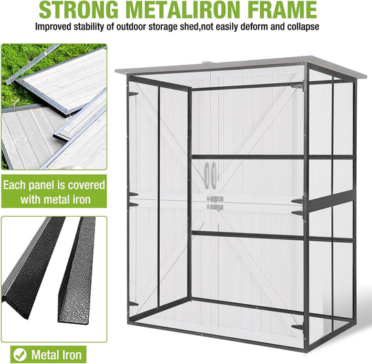 MEDEHOO Outdoor Storage Shed with Metal Frame,Wooden Tool Cabinet with Adjustable Shelfs, House Garden Shed for Backyard Garden Patio Lawn