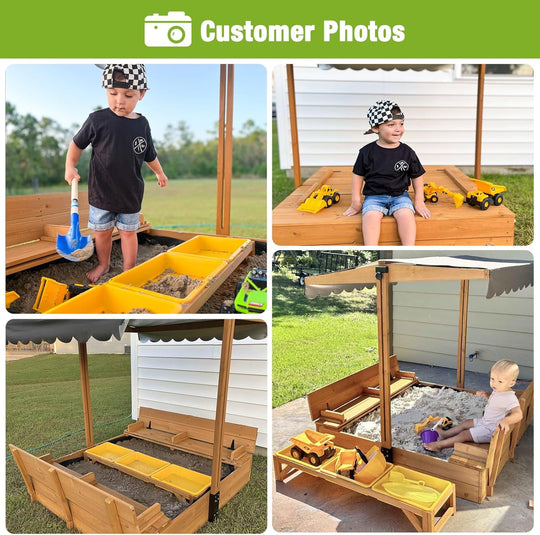 BUTINGLALE Wooden Sandbox Backyard Sand Box with Cover, Outdoor Sandbox for Kids with 3 Toy Bins GUT08