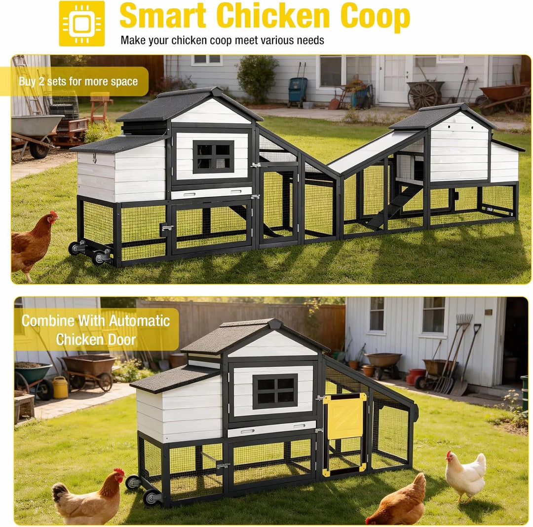 MEDEHOO Mobile Chicken Coop with Wheels for 2-4 Chickens, Backyard Expandable Chicken House Duck Cage with Run, 2 Nesting Boxes, Easy Clean Pull-Out Tray, Leak-Resistant Asphalt Roof, 72.3"