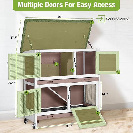 MEDEHOO Rabbit Hutch Indoor, 36'' Bunny Hutch Outdoor, Mobile Rabbit Cage with Wheels, 2-Story Bunny Cage with 2 Pull Out Trays, Wooden Guinea Pig Cage (Brown)
