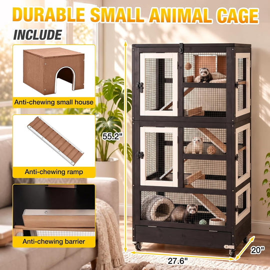 MEDEHOO 5-Tier Wooden Ferret Cage for Guinea Pigs Indoor Cage with Wheels 55.2" Large Chinchilla Cage, Chew-Resistant Edges, Leakproof Pull-Out Tray, 6 Access Doors, Easy-Clean (Black) AIR38-B-JO-WM