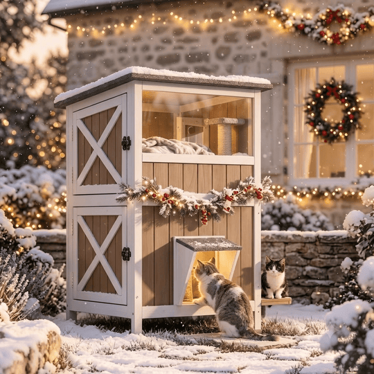 MEDEHOO 2-Story Heated Outdoor Cat House for Winter, Insulated Wooden Feral Shelter with Heating Pad, Liner &amp; Escape Doors, Brown