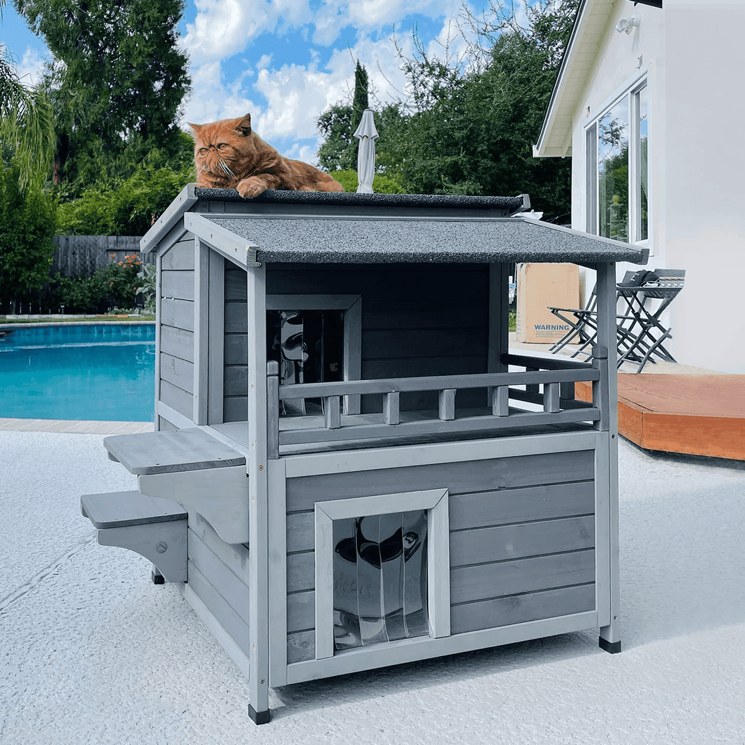 MEDEHOO Outdoor Cat House Wooden Winter Weatherproof Feral Cat Shelter with Balcony AIR33-WM