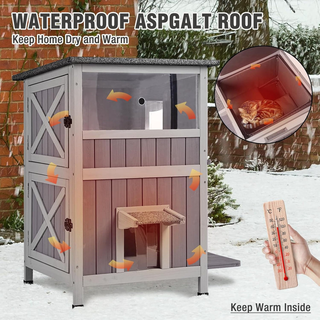 Outdoor Cat House Weatherproof, Heated Feral Cat House with Insulated Liner, 2-Storys Wooden Stray Cat Shelter for Winter AIR14-IN-ML