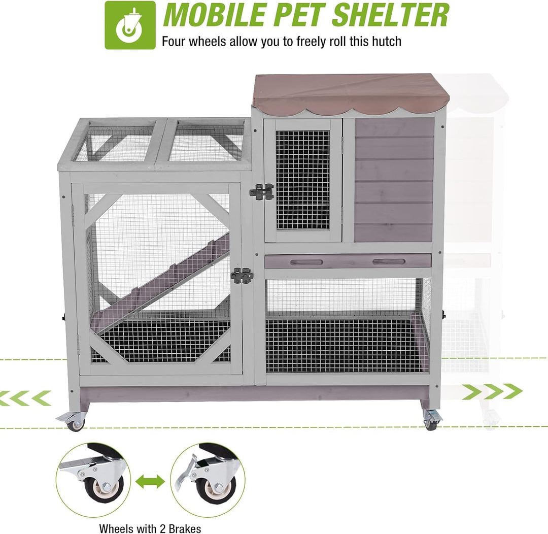 2-Story Rabbit Hutch Bunny Cage with Leak-Proof Trays &amp; Chew-Proof Ramp - Indoor/Outdoor 39.3" Wooden Rabbit Cage with Wheels for Rabbits, Guinea Pigs, Small Animal (Grey)