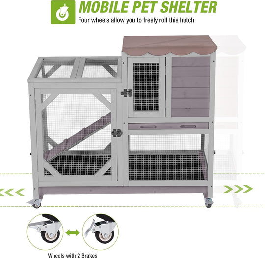 2-Story Rabbit Hutch Bunny Cage with Leak-Proof Trays &amp; Chew-Proof Ramp - Indoor/Outdoor 39.3" Wooden Rabbit Cage with Wheels for Rabbits, Guinea Pigs, Small Animal (Grey)