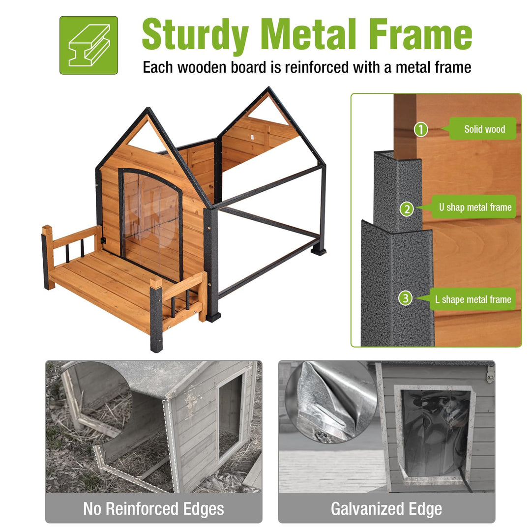 MEDEHOO Heated Dog House for Outside Insulated Large Dog House Outdoor with Safe Heated Pad, Chew-Proof Metal Frame &amp; Insulated Liner for Medium to Large Dogs, 37.4" L x 50.9" W x 37.2" H